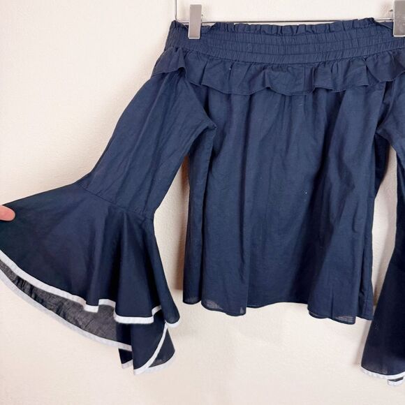 Misa Navy Off Shoulder Cotton Blouse Top Flared Sleeves Small - Picture 2 of 7